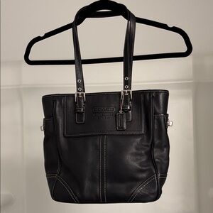 Coach Black Leather Tote with Stitch Detail